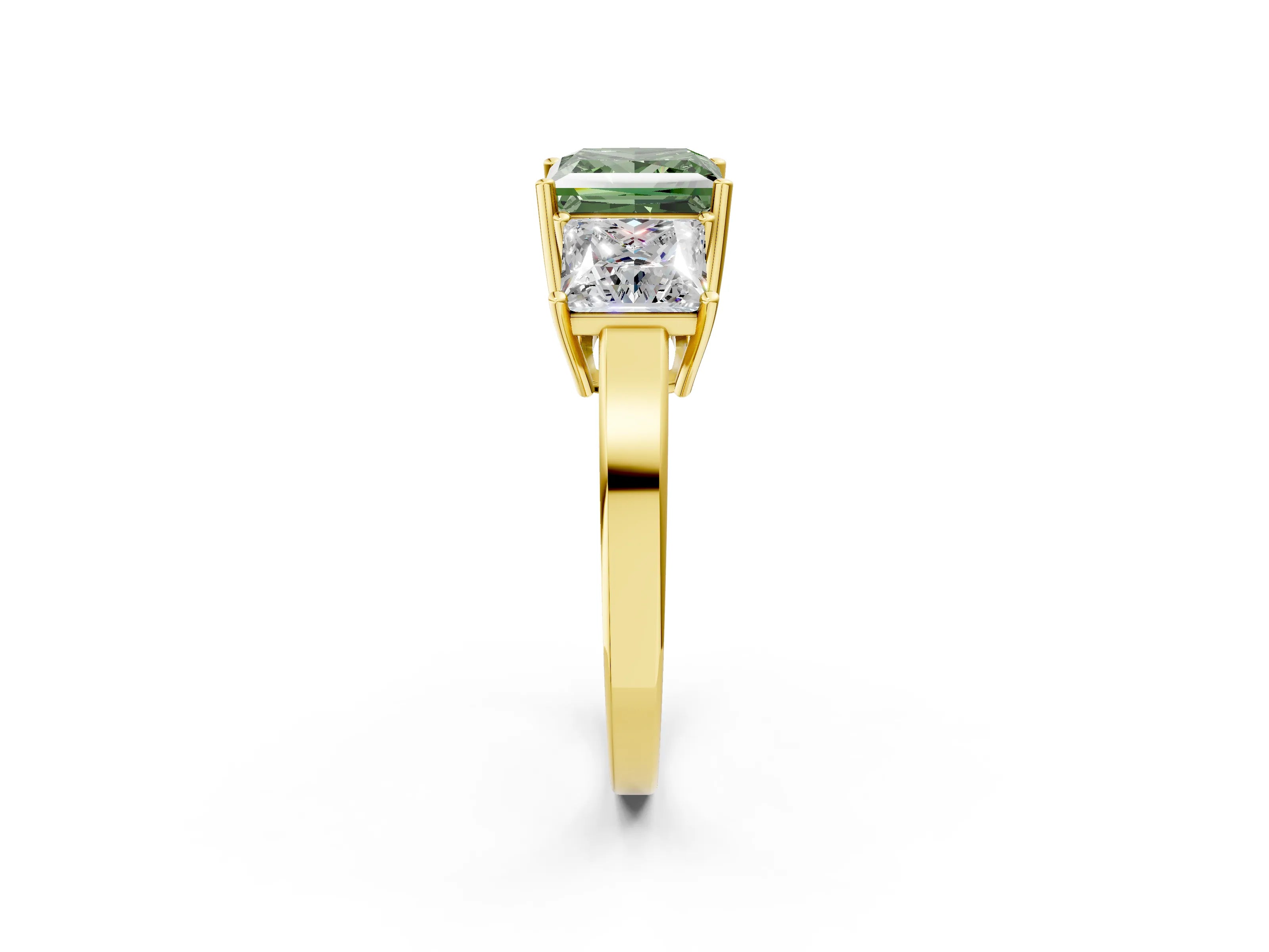 Yellow gold Three-Stone Fancy Green Princess Cut Cut Diamond Engagement Ring with Flat Band and Four-Prong Setting_2