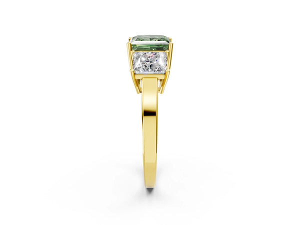 Yellow gold Three-Stone Fancy Green Princess Cut Cut Diamond Engagement Ring with Flat Band and Four-Prong Setting
