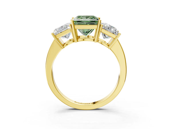 Yellow gold Three-Stone Fancy Green Princess Cut Cut Diamond Engagement Ring with Flat Band and Four-Prong Setting