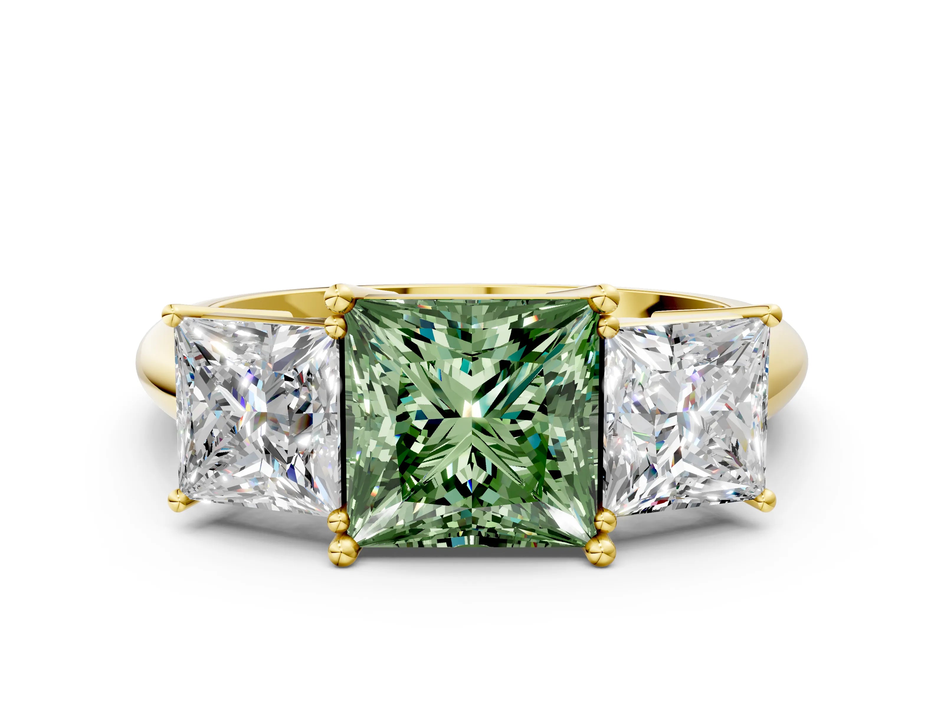 Yellow gold Three-Stone Fancy Green Princess Cut Cut Diamond Engagement Ring with Prong Setting on a White Gold Band