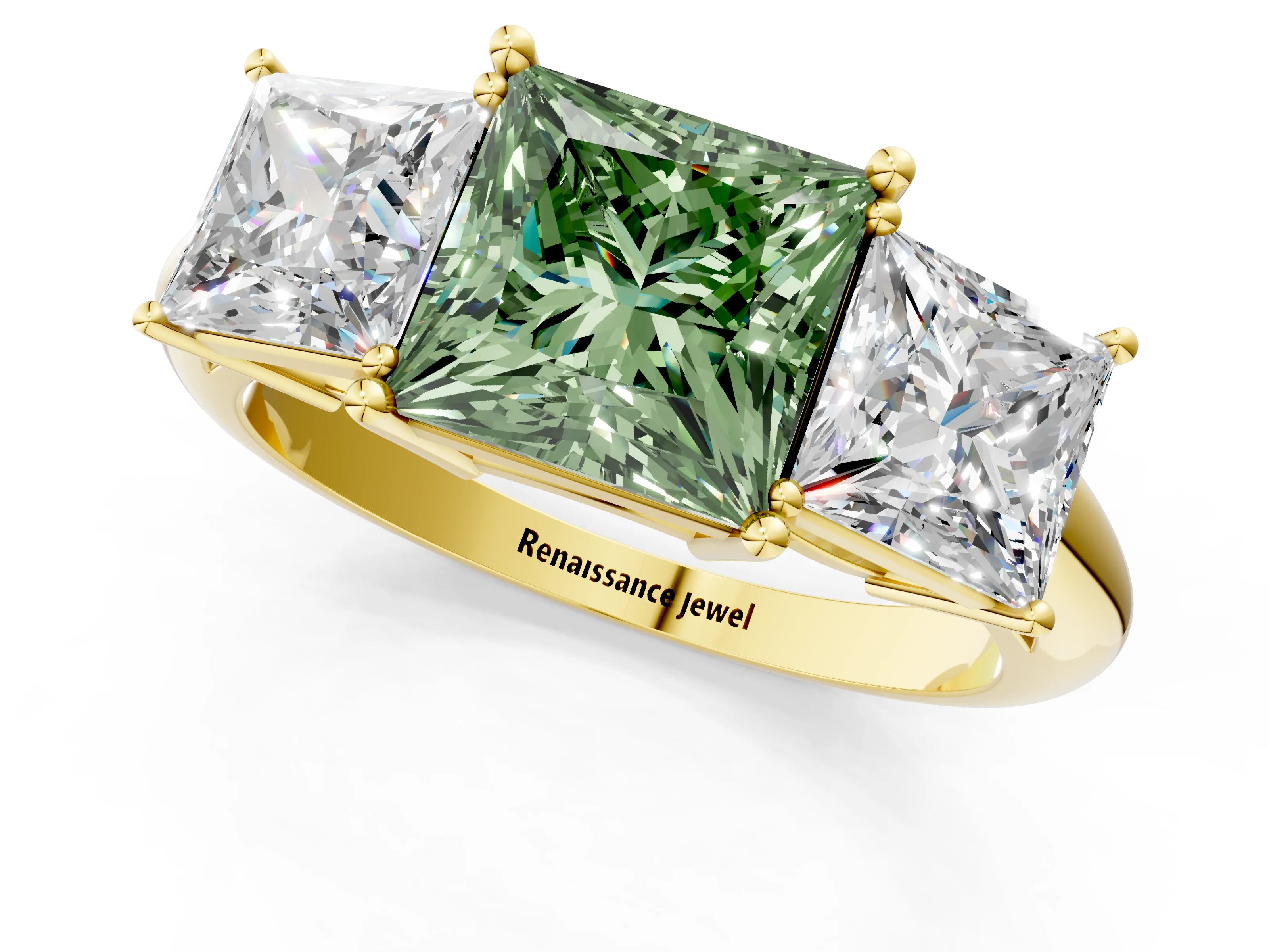 Yellow gold Three-Stone Fancy Green Princess Cut Cut Diamond Engagement Ring with Prong Setting on a White Gold Band_1