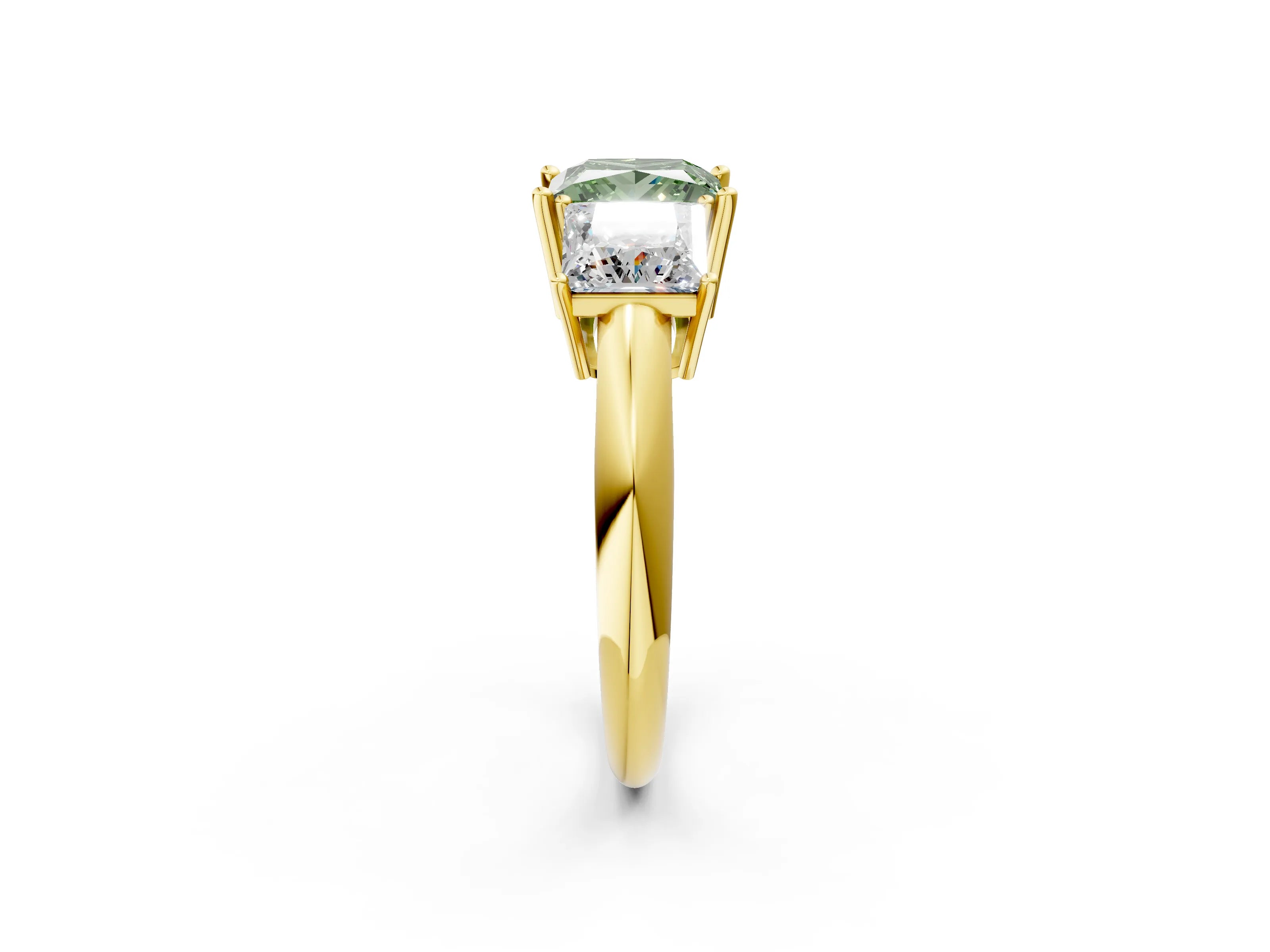 Yellow gold Three-Stone Fancy Green Princess Cut Cut Diamond Engagement Ring with Prong Setting on a White Gold Band_2