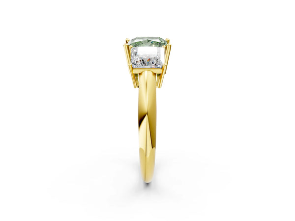 Yellow gold Three-Stone Fancy Green Princess Cut Cut Diamond Engagement Ring with Prong Setting on a White Gold Band