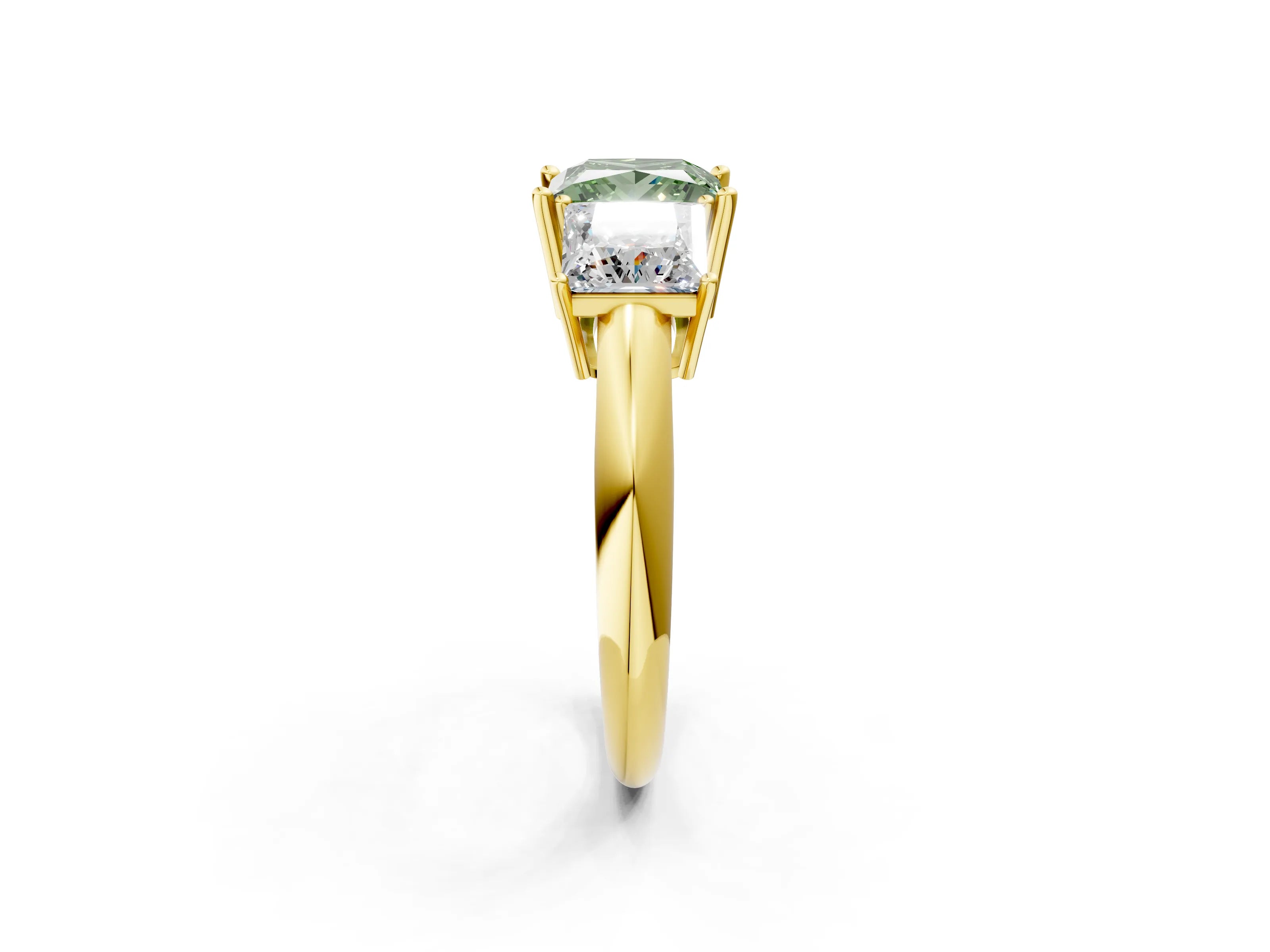 Yellow gold Three-Stone Fancy Green Princess Cut Cut Diamond Engagement Ring with Prong Setting on a White Gold Band_26