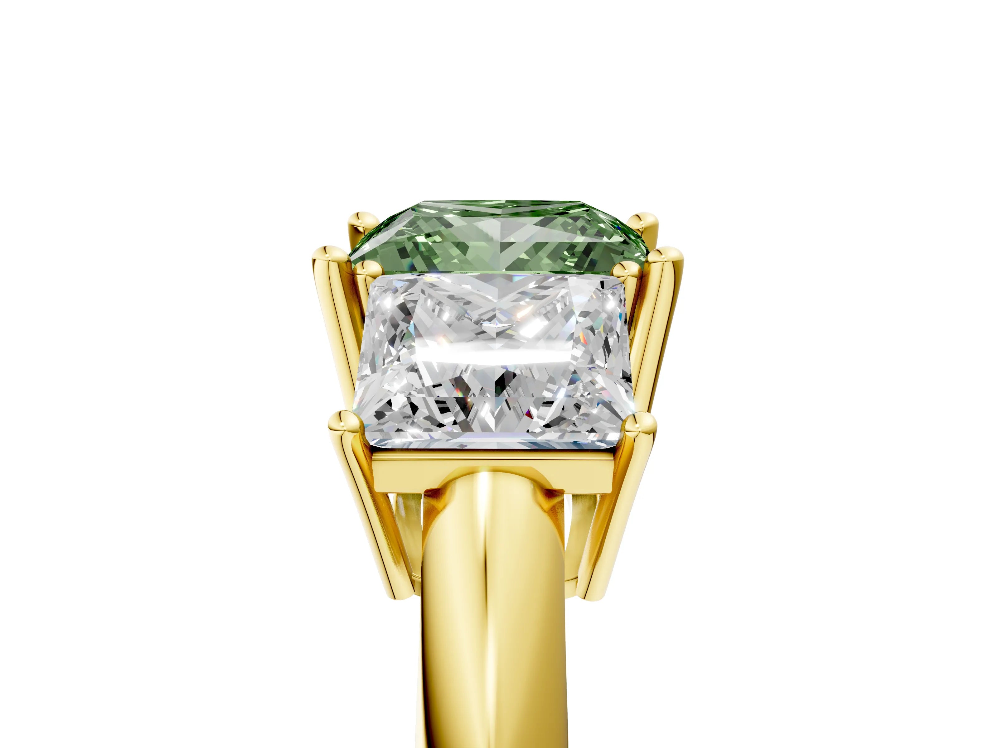 Yellow gold Three-Stone Fancy Green Princess Cut Cut Diamond Engagement Ring with Prong Setting on a White Gold Band_29