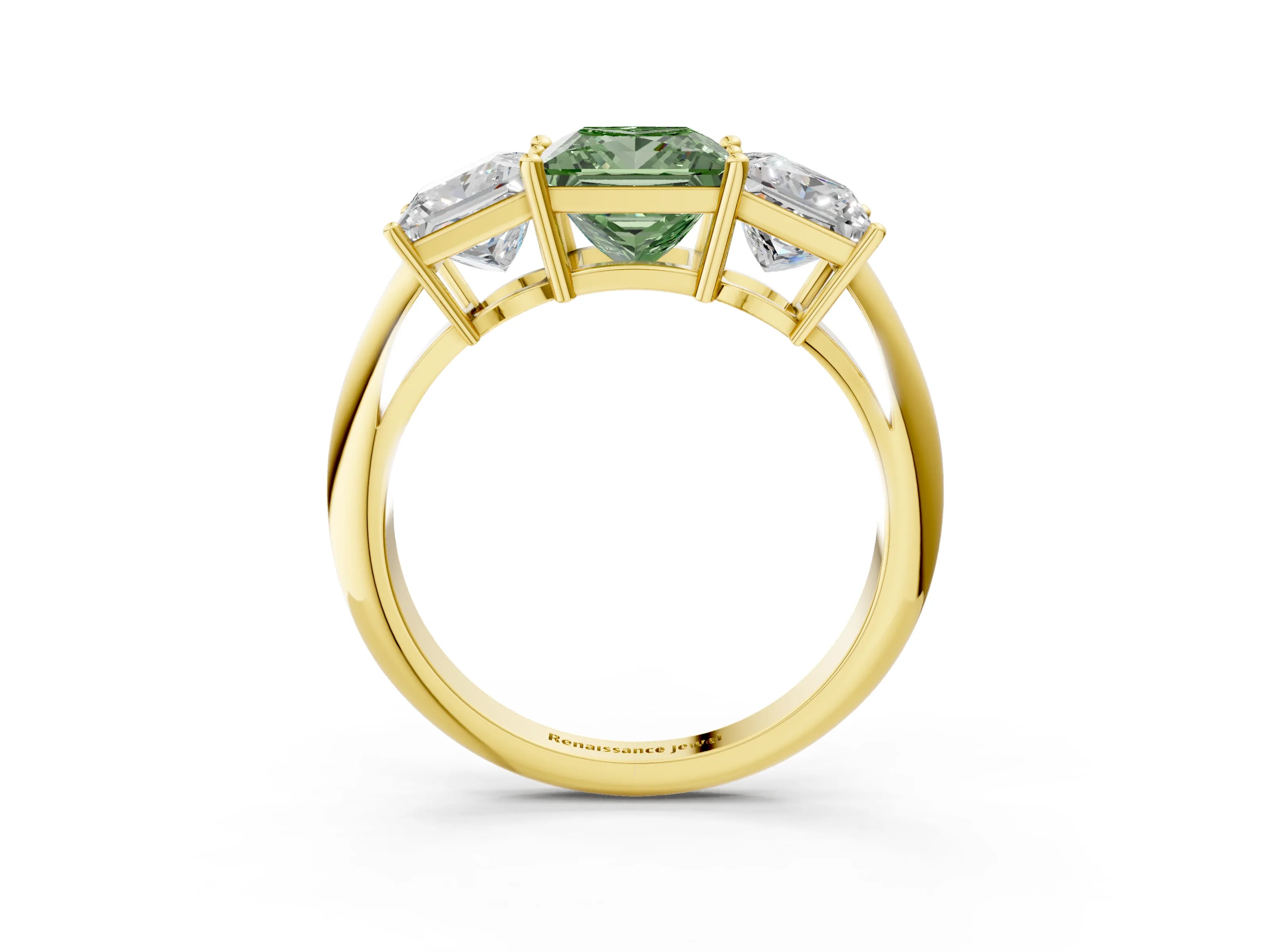 Yellow gold Three-Stone Fancy Green Princess Cut Cut Diamond Engagement Ring with Prong Setting on a White Gold Band_3