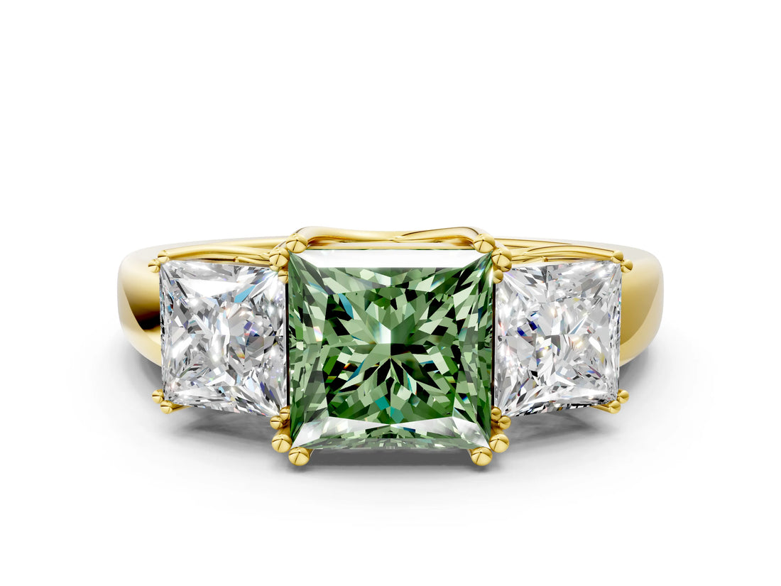 Yellow gold Three-Stone Fancy Green Princess Cut Cut Diamond Ring with Channel Set Band and Four-Prong Setting_24