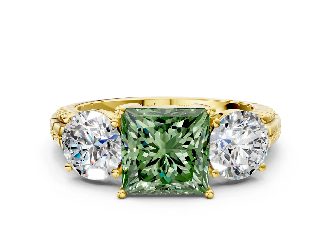 Yellow gold Three-Stone Fancy Green Princess Cut Cut Diamond Ring with Channel-Set Band and Prong Setting