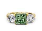 Yellow gold Three-Stone Fancy Green Princess Cut Cut Diamond Ring with Channel-Set Band and Prong Setting