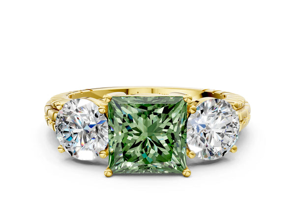 Yellow gold Three-Stone Fancy Green Princess Cut Cut Diamond Ring with Channel-Set Band and Prong Setting