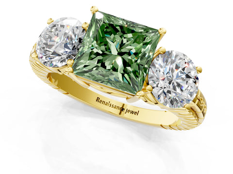 Yellow gold Three-Stone Fancy Green Princess Cut Cut Diamond Ring with Channel-Set Band and Prong Setting_1