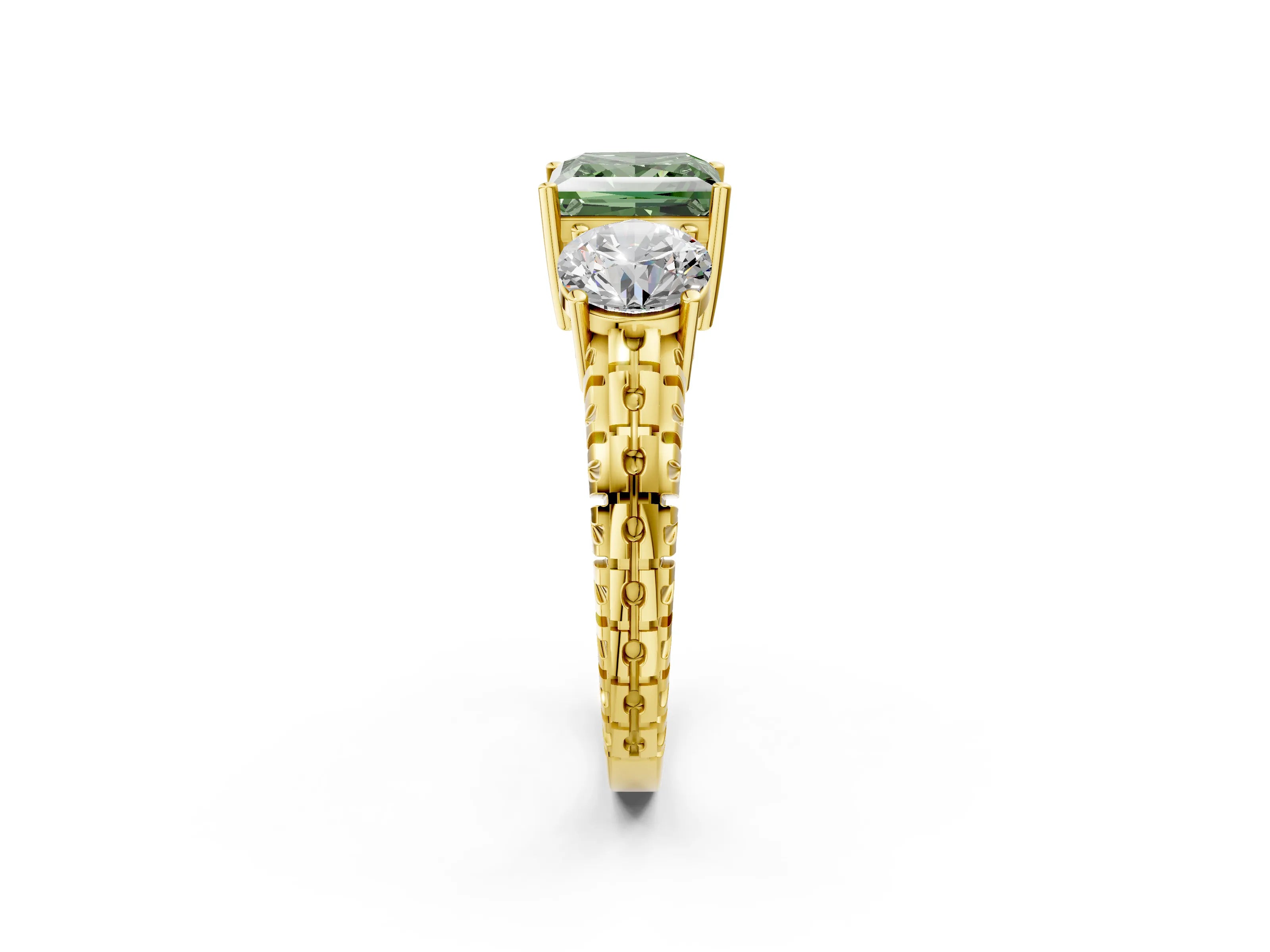Yellow gold Three-Stone Fancy Green Princess Cut Cut Diamond Ring with Channel-Set Band and Prong Setting_2