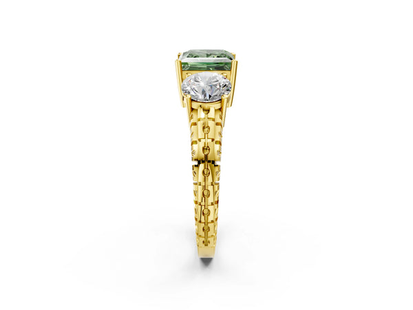 Yellow gold Three-Stone Fancy Green Princess Cut Cut Diamond Ring with Channel-Set Band and Prong Setting