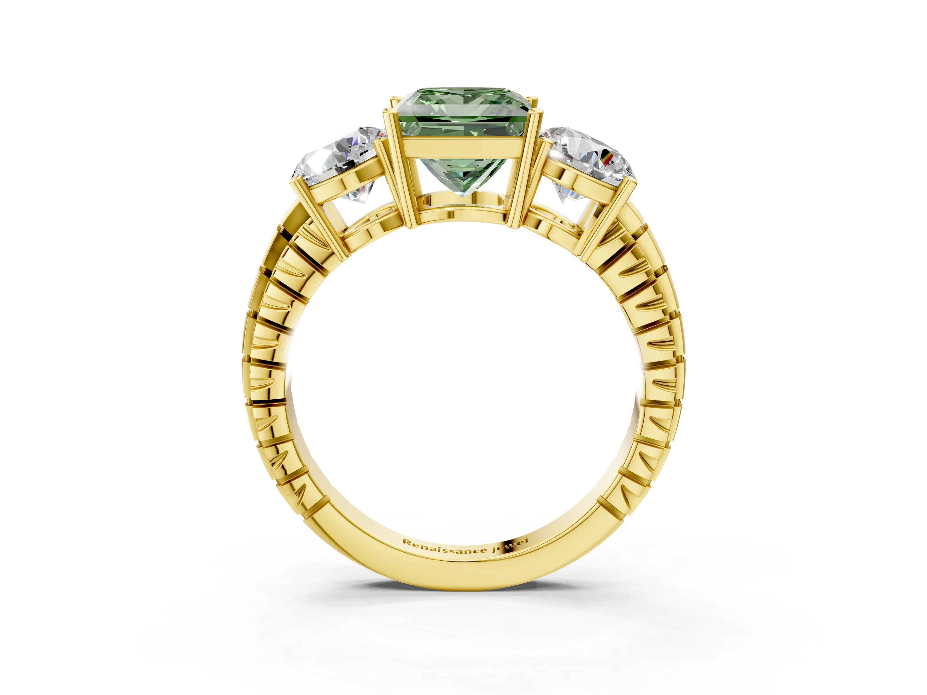 Yellow gold Three-Stone Fancy Green Princess Cut Cut Diamond Ring with Channel-Set Band and Prong Setting_3