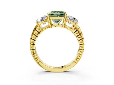 Yellow gold Three-Stone Fancy Green Princess Cut Cut Diamond Ring with Channel-Set Band and Prong Setting_3