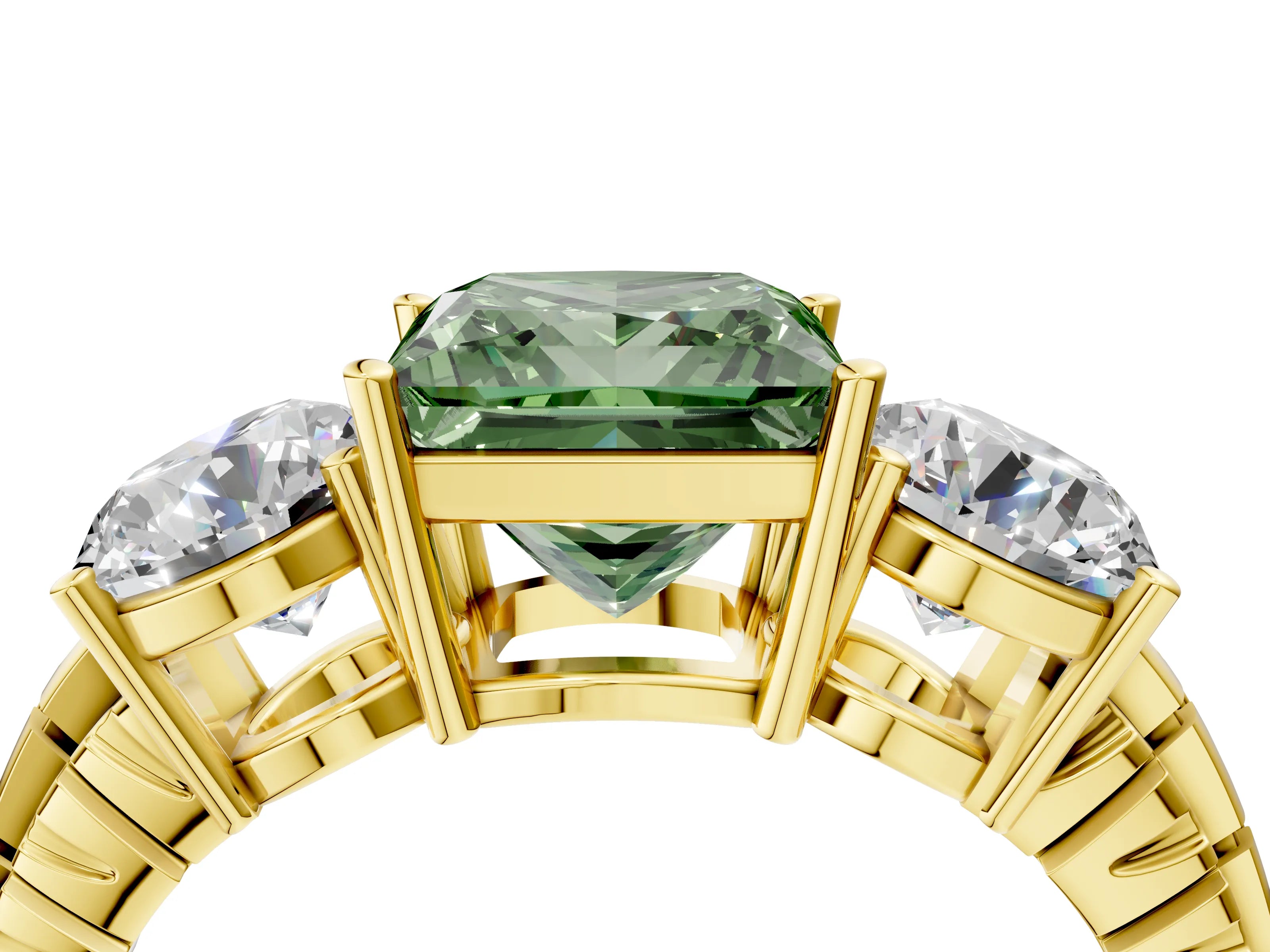 Yellow gold Three-Stone Fancy Green Princess Cut Cut Diamond Ring with Channel-Set Band and Prong Setting_4