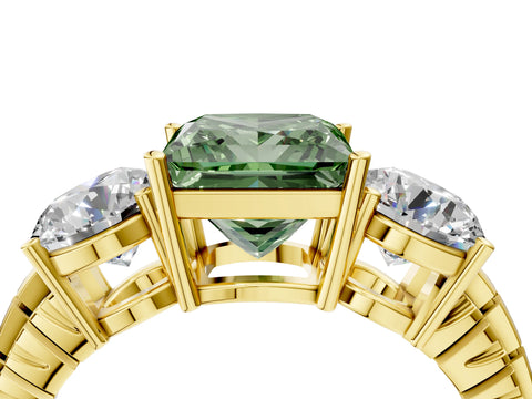 Yellow gold Three-Stone Fancy Green Princess Cut Cut Diamond Ring with Channel-Set Band and Prong Setting_4