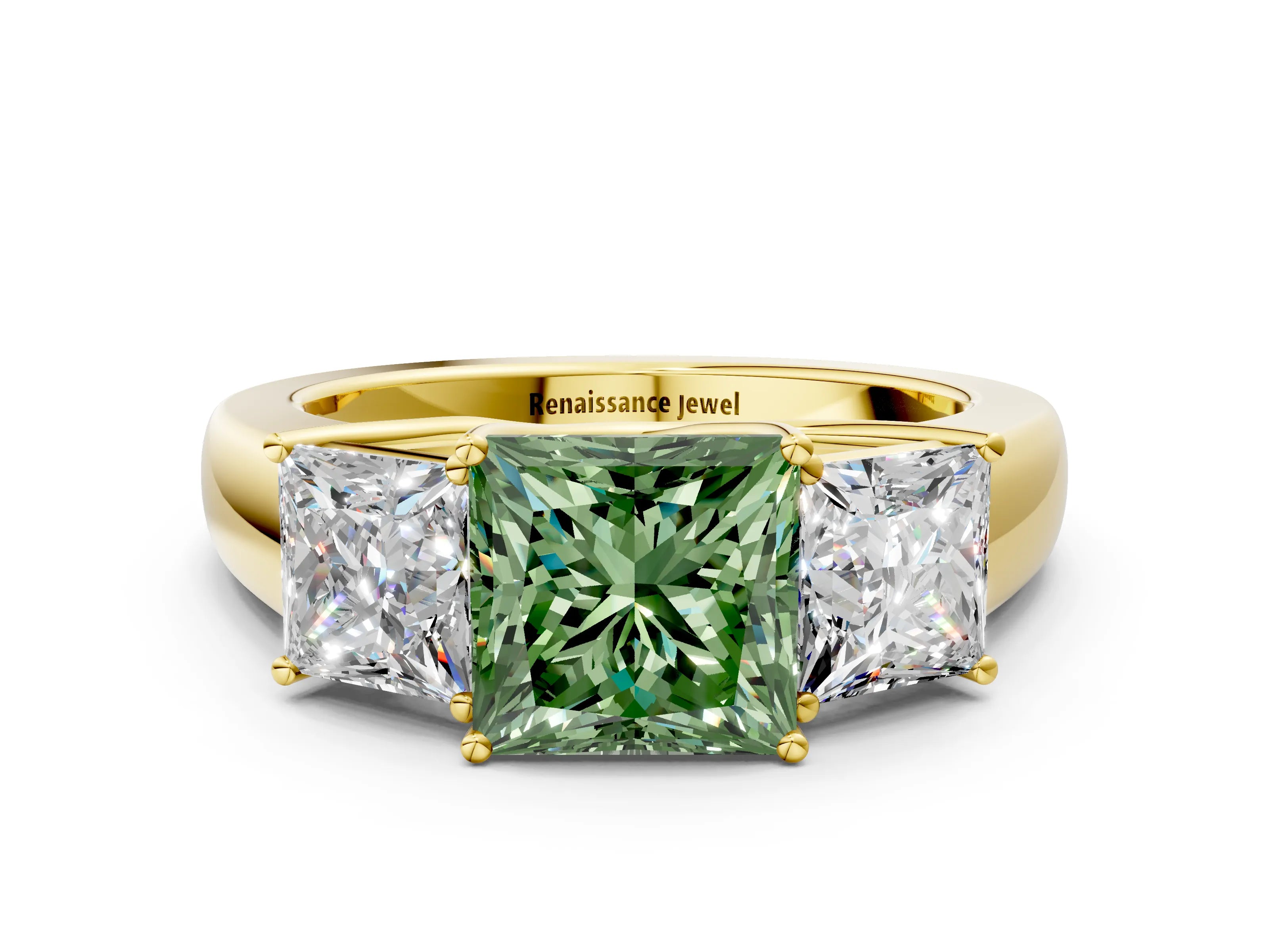 Yellow gold Three-Stone Fancy Green Princess Cut Cut Diamond Ring with Prong Setting and Classic Band