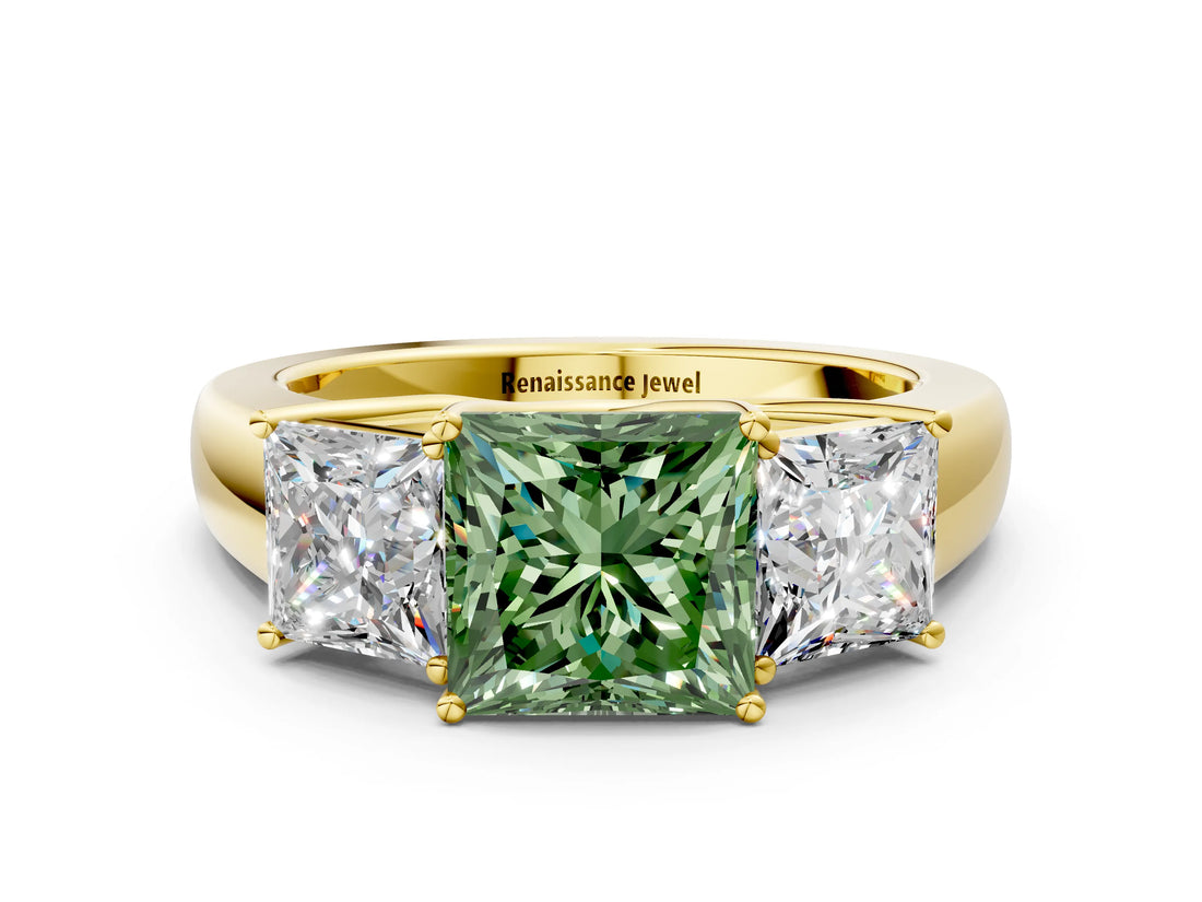Yellow gold Three-Stone Fancy Green Princess Cut Cut Diamond Ring with Prong Setting and Classic Band