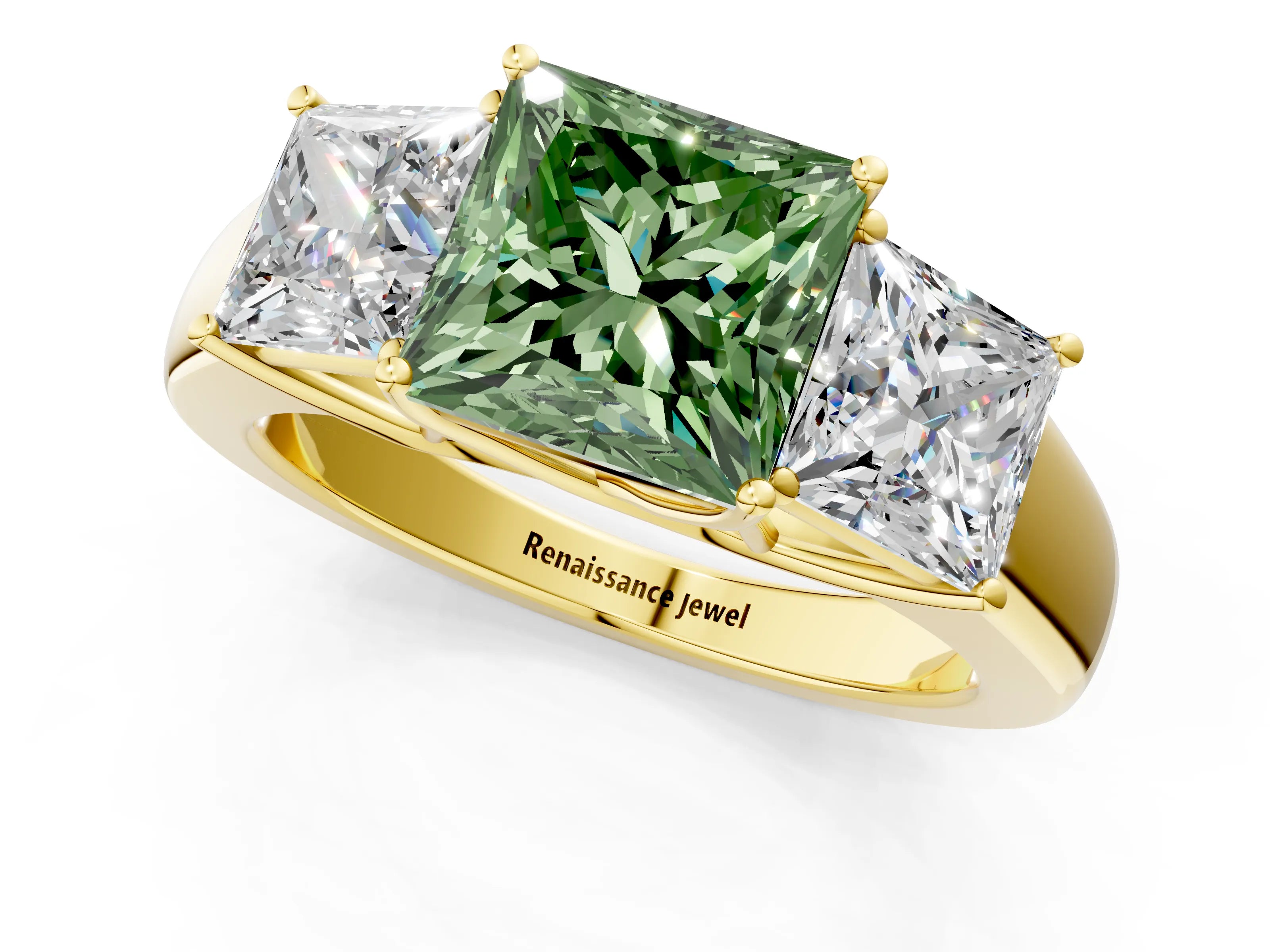 Yellow gold Three-Stone Fancy Green Princess Cut Cut Diamond Ring with Prong Setting and Classic Band_1