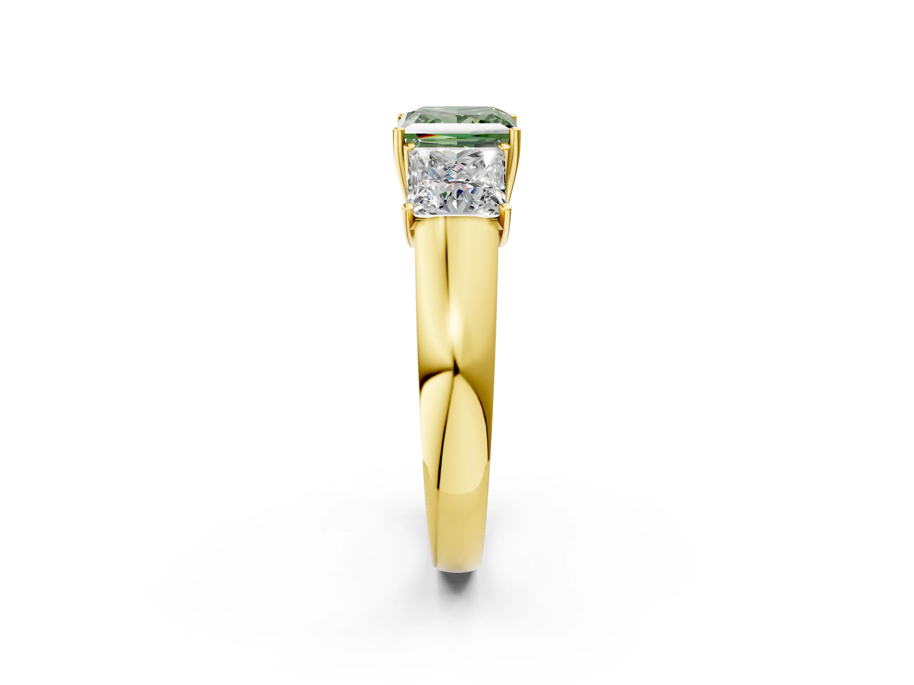 Yellow gold Three-Stone Fancy Green Princess Cut Cut Diamond Ring with Prong Setting and Classic Band_2