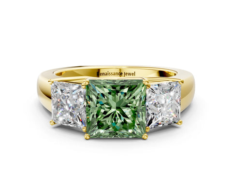 Yellow gold Three-Stone Fancy Green Princess Cut Cut Diamond Ring with Prong Setting and Classic Band