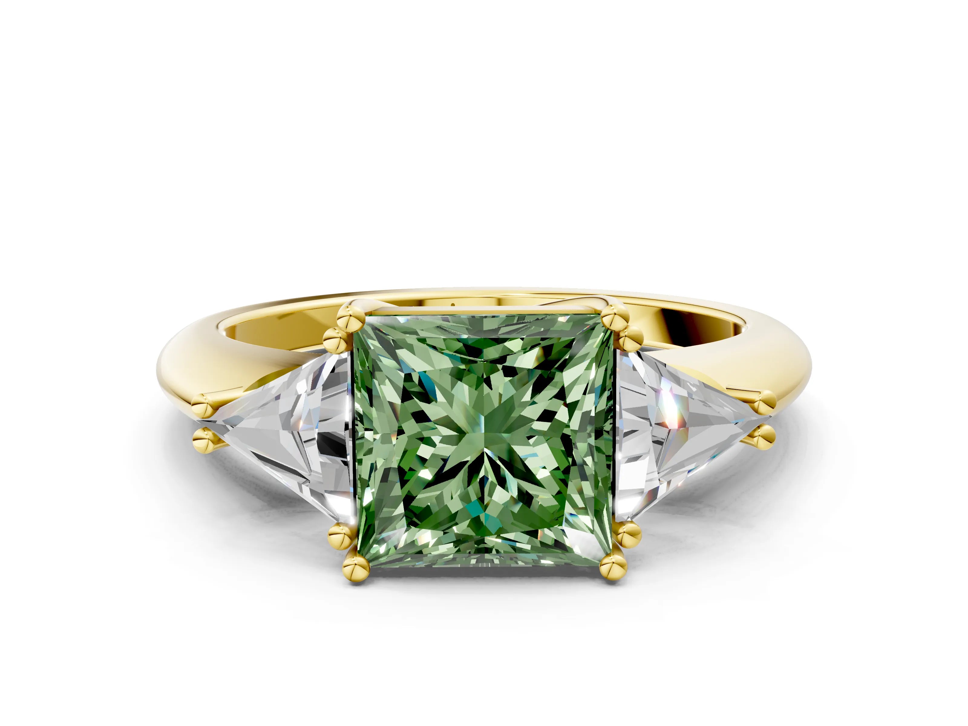Yellow gold Three-Stone Fancy Green Princess Cut Cut Diamond Ring with Trillion Side Stones and Four-Prong Setting_3