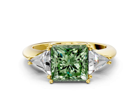 Yellow gold Three-Stone Fancy Green Princess Cut Cut Diamond Ring with Trillion Side Stones and Four-Prong Setting_3