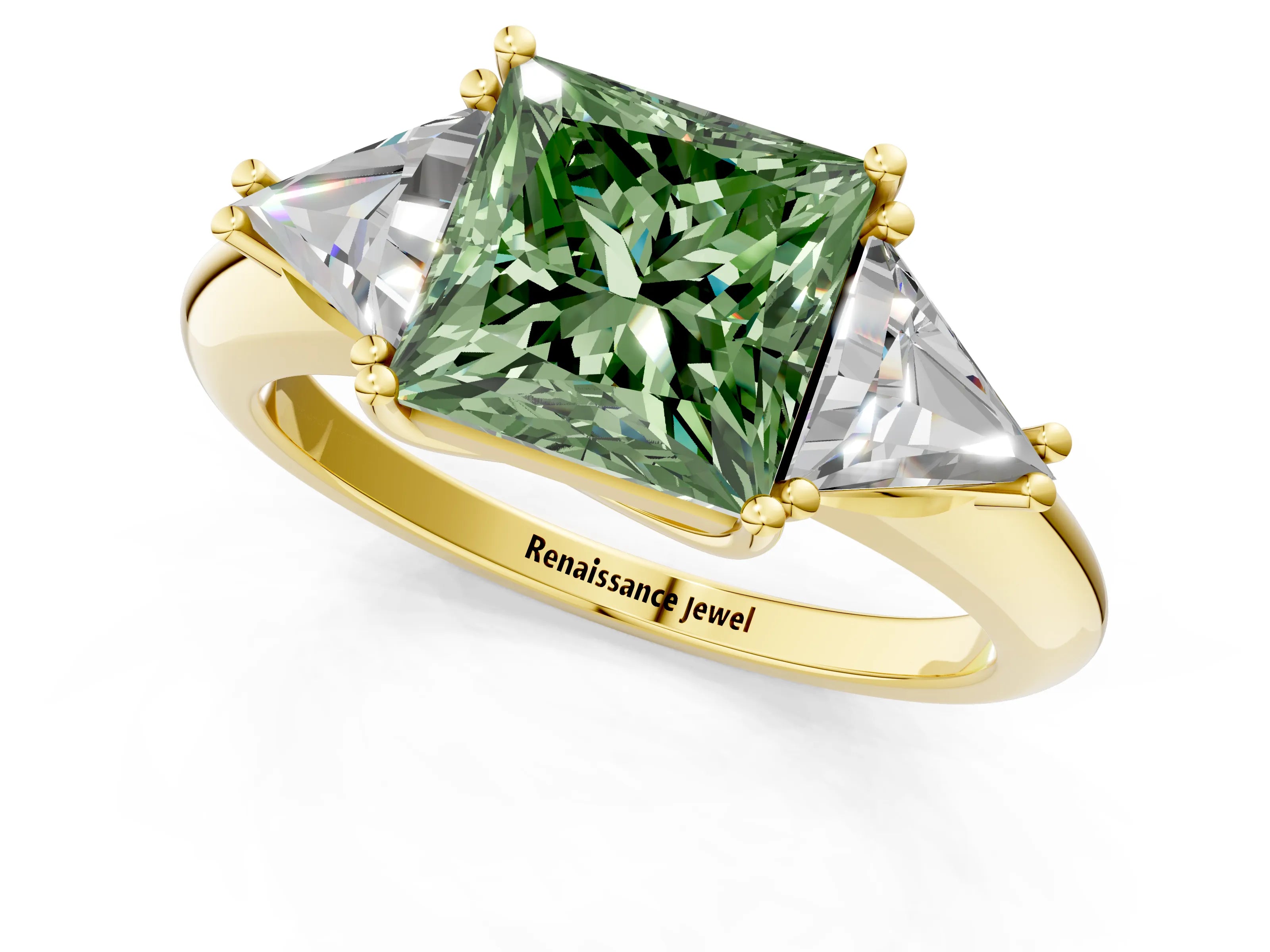 Yellow gold Three-Stone Fancy Green Princess Cut Cut Diamond Ring with Trillion Side Stones and Four-Prong Setting_4