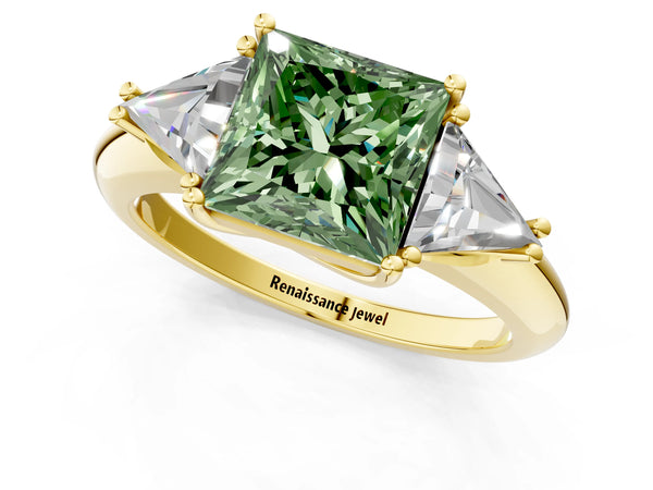 Yellow Gold Princess Cut Trillion Three Stone Engagement Ring Setting for Fancy Green Center