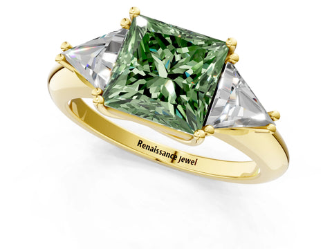 Yellow gold Three-Stone Fancy Green Princess Cut Cut Diamond Ring with Trillion Side Stones and Four-Prong Setting_4