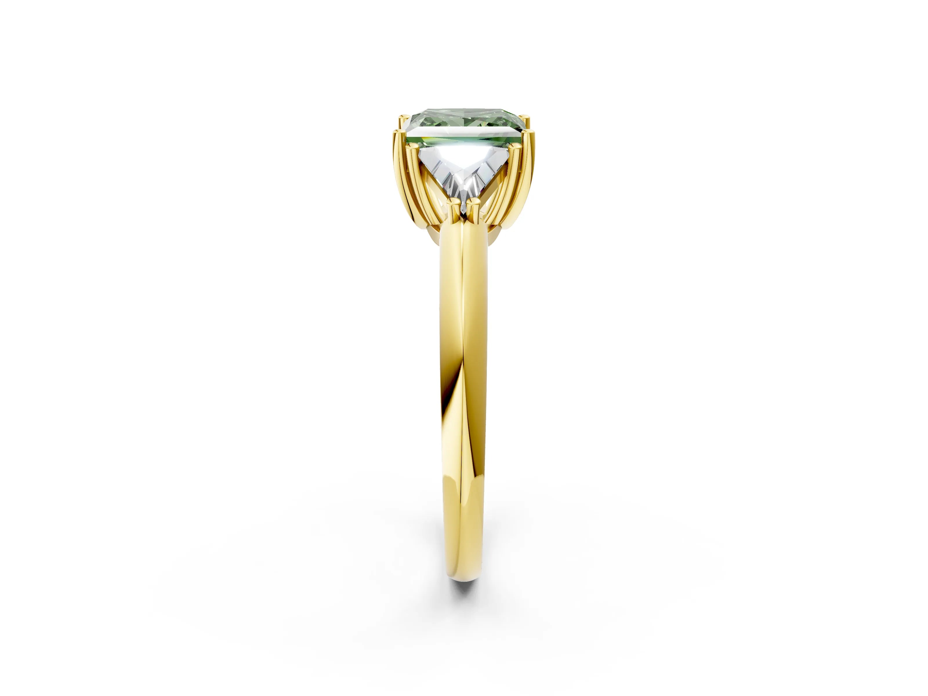 Yellow gold Three-Stone Fancy Green Princess Cut Cut Diamond Ring with Trillion Side Stones and Four-Prong Setting_5