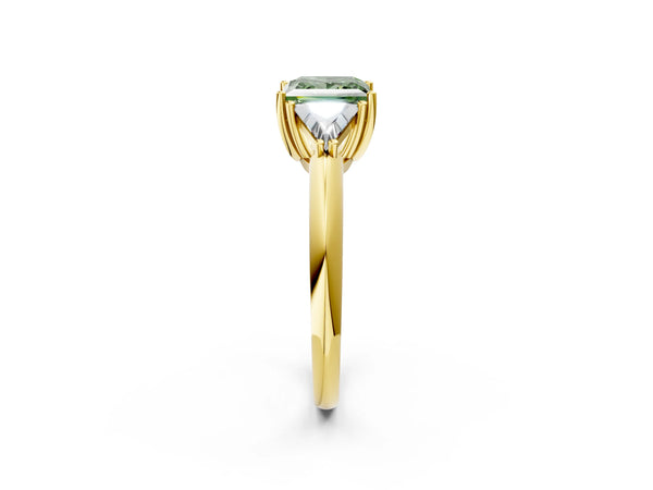 Yellow Gold Princess Cut Trillion Three Stone Engagement Ring Setting for Fancy Green Center