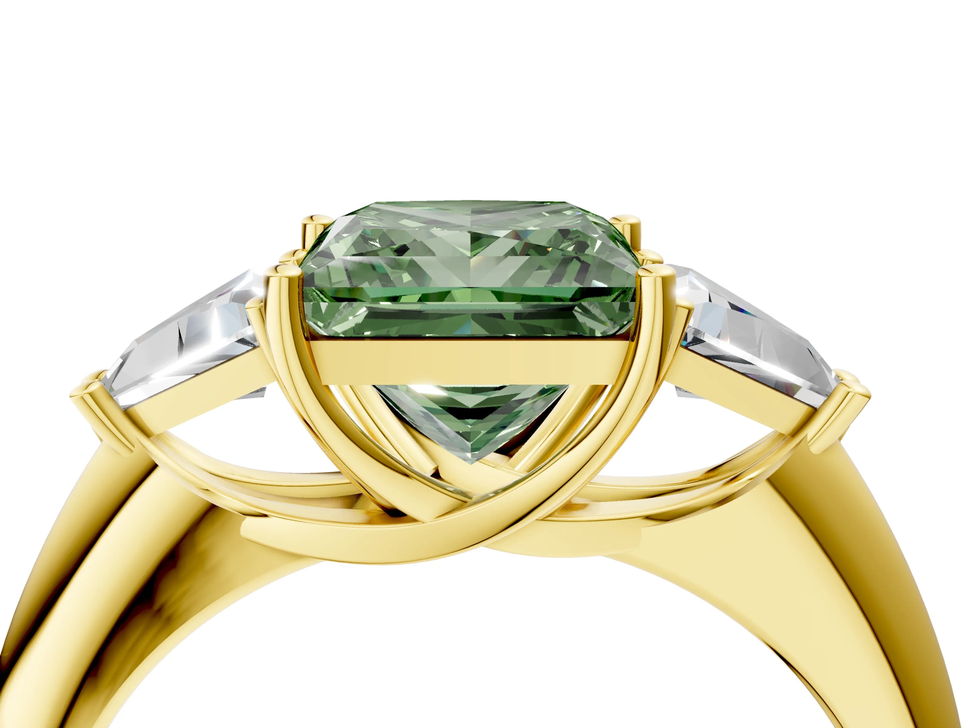 Yellow gold Three-Stone Fancy Green Princess Cut Cut Diamond Ring with Trillion Side Stones and Four-Prong Setting_7