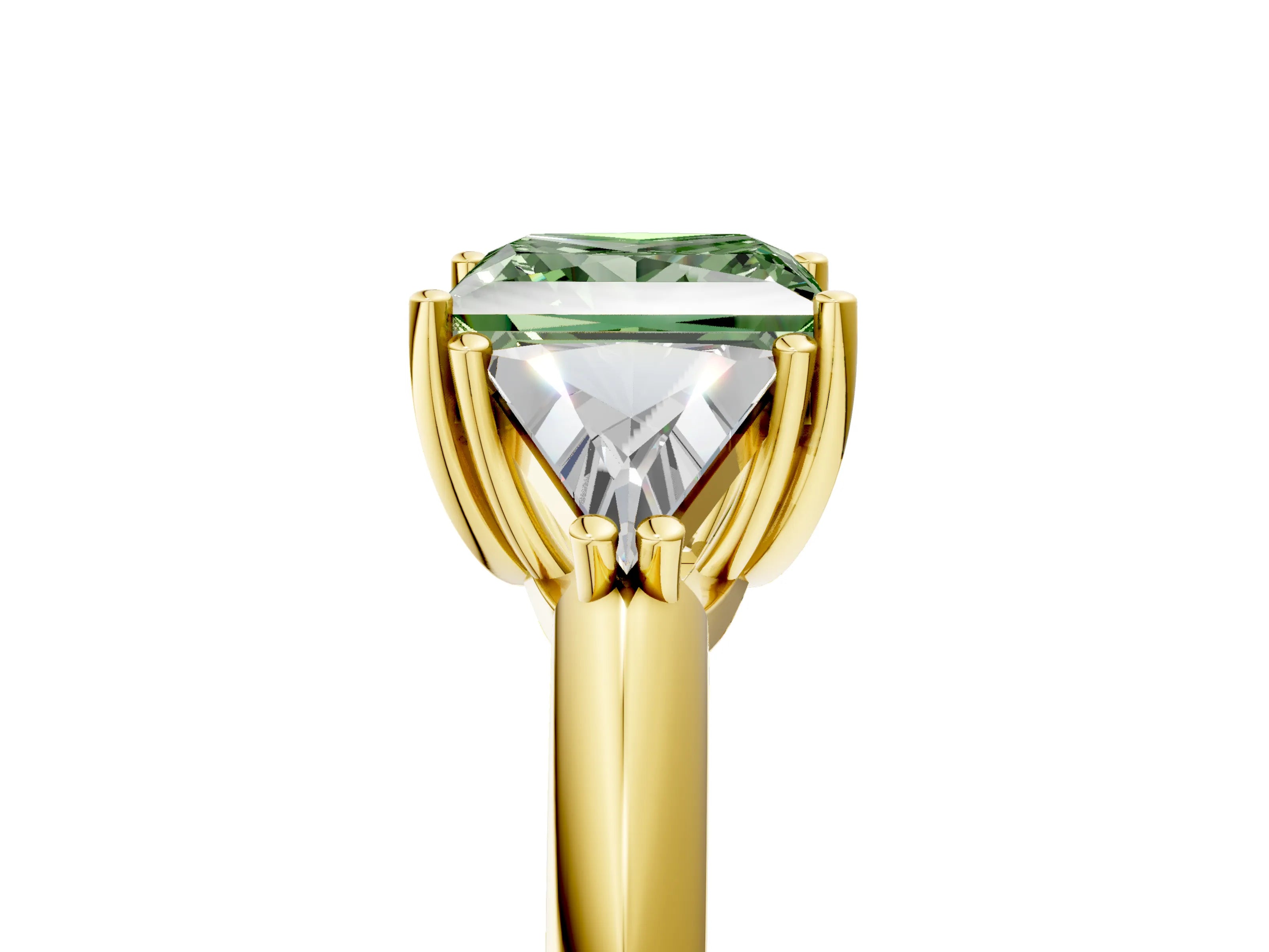 Yellow gold Three-Stone Fancy Green Princess Cut Cut Diamond Ring with Trillion Side Stones and Four-Prong Setting_8