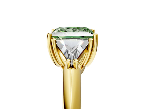 Yellow gold Three-Stone Fancy Green Princess Cut Cut Diamond Ring with Trillion Side Stones and Four-Prong Setting_8
