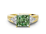 Yellow gold Three-Stone Fancy Green Princess Cut Cut Diamond Ring with Trillion Side Stones on a Split Shank Band