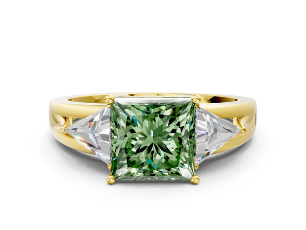 Yellow Gold Princess Cut Split Shank Three Stone Engagement Ring Setting for Fancy Green Center