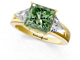 Yellow gold Three-Stone Fancy Green Princess Cut Cut Diamond Ring with Trillion Side Stones on a Split Shank Band_1