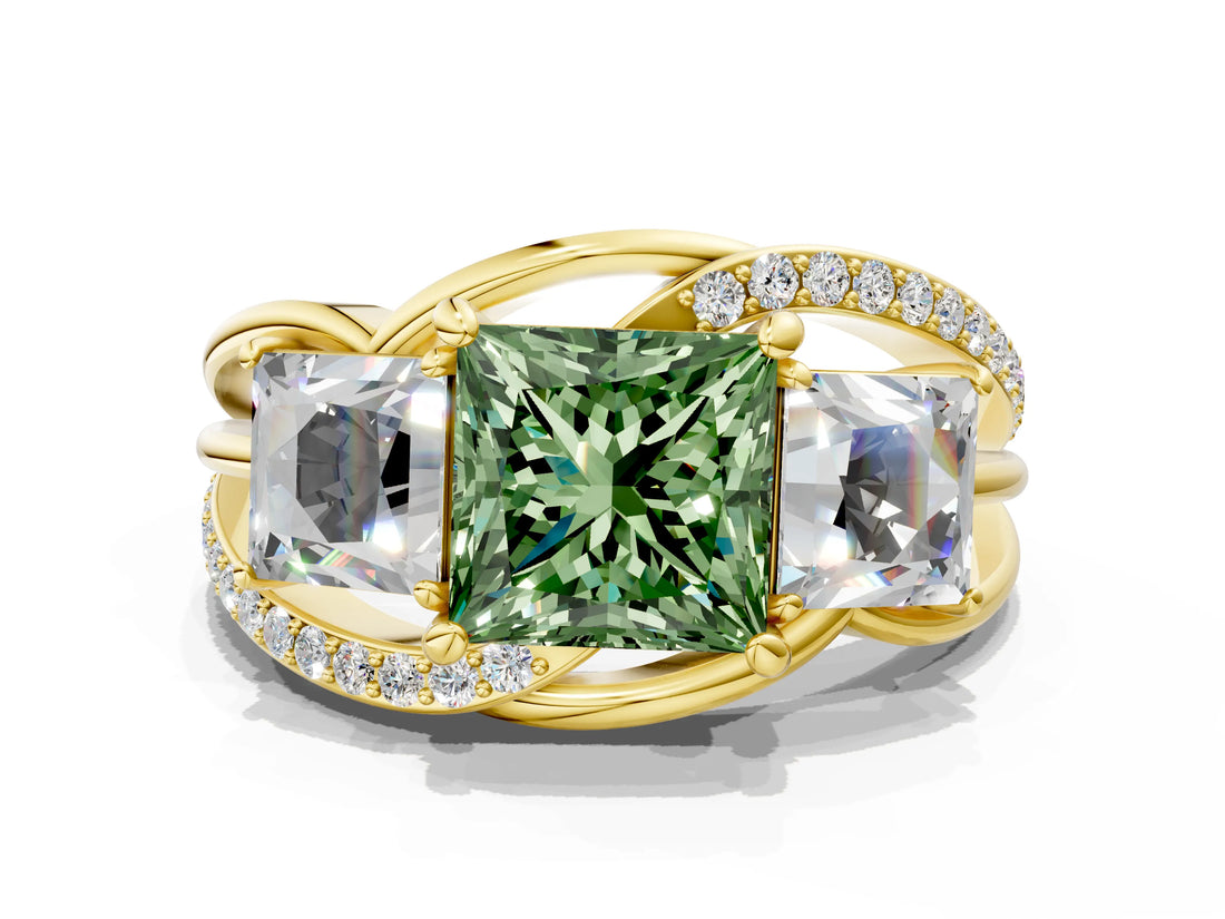 Yellow gold Three-Stone Fancy Green Princess Cut Cut Diamond Split Shank Prong Set Ring