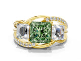 Yellow gold Three-Stone Fancy Green Princess Cut Cut Diamond Split Shank Prong Set Ring