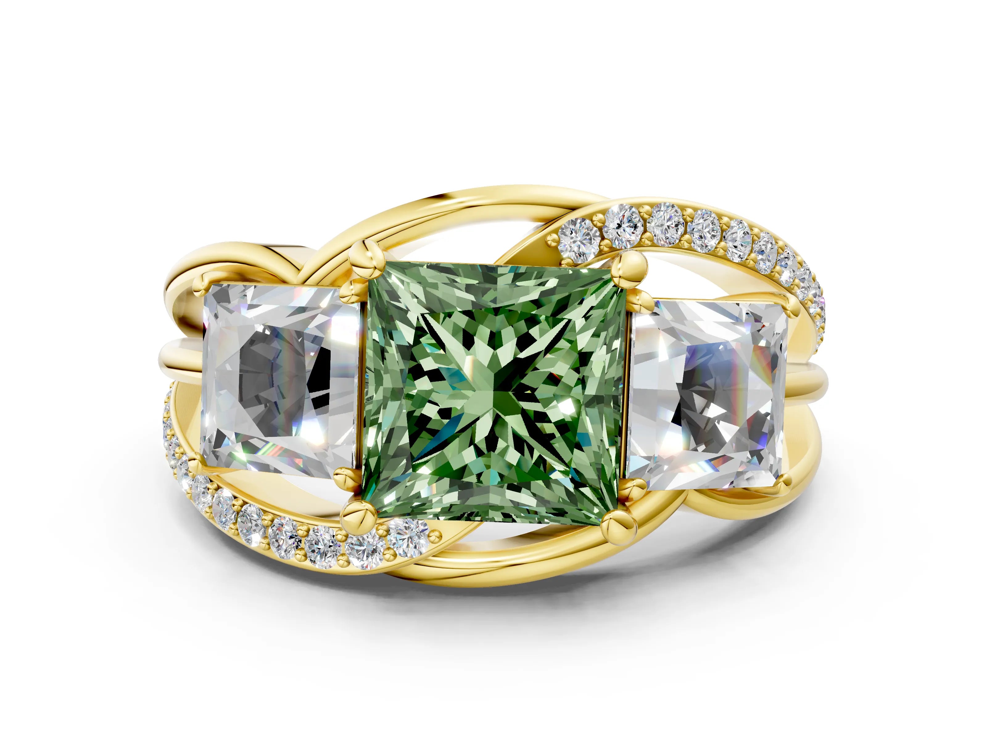 Yellow gold Three-Stone Fancy Green Princess Cut Cut Diamond Split Shank Prong Set Ring_12