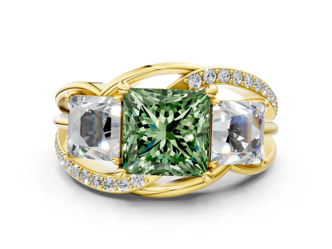 Yellow gold Three-Stone Fancy Green Princess Cut Cut Diamond Split Shank Prong Set Ring_12