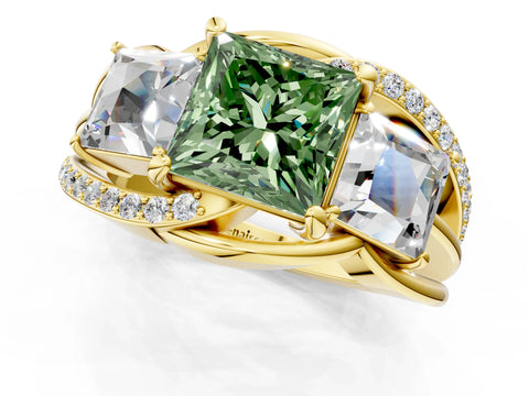 Yellow gold Three-Stone Fancy Green Princess Cut Cut Diamond Split Shank Prong Set Ring_13