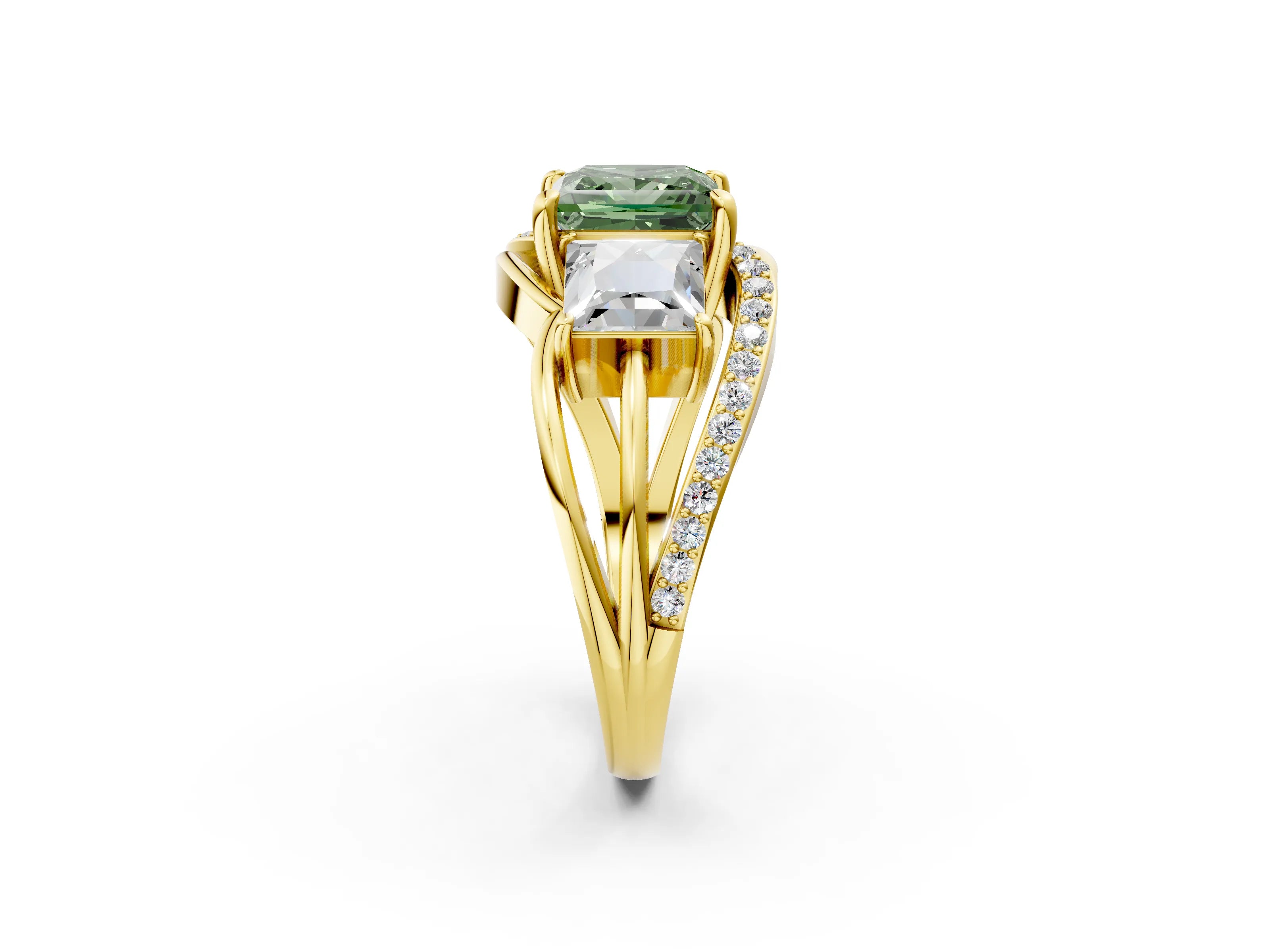Yellow gold Three-Stone Fancy Green Princess Cut Cut Diamond Split Shank Prong Set Ring_14