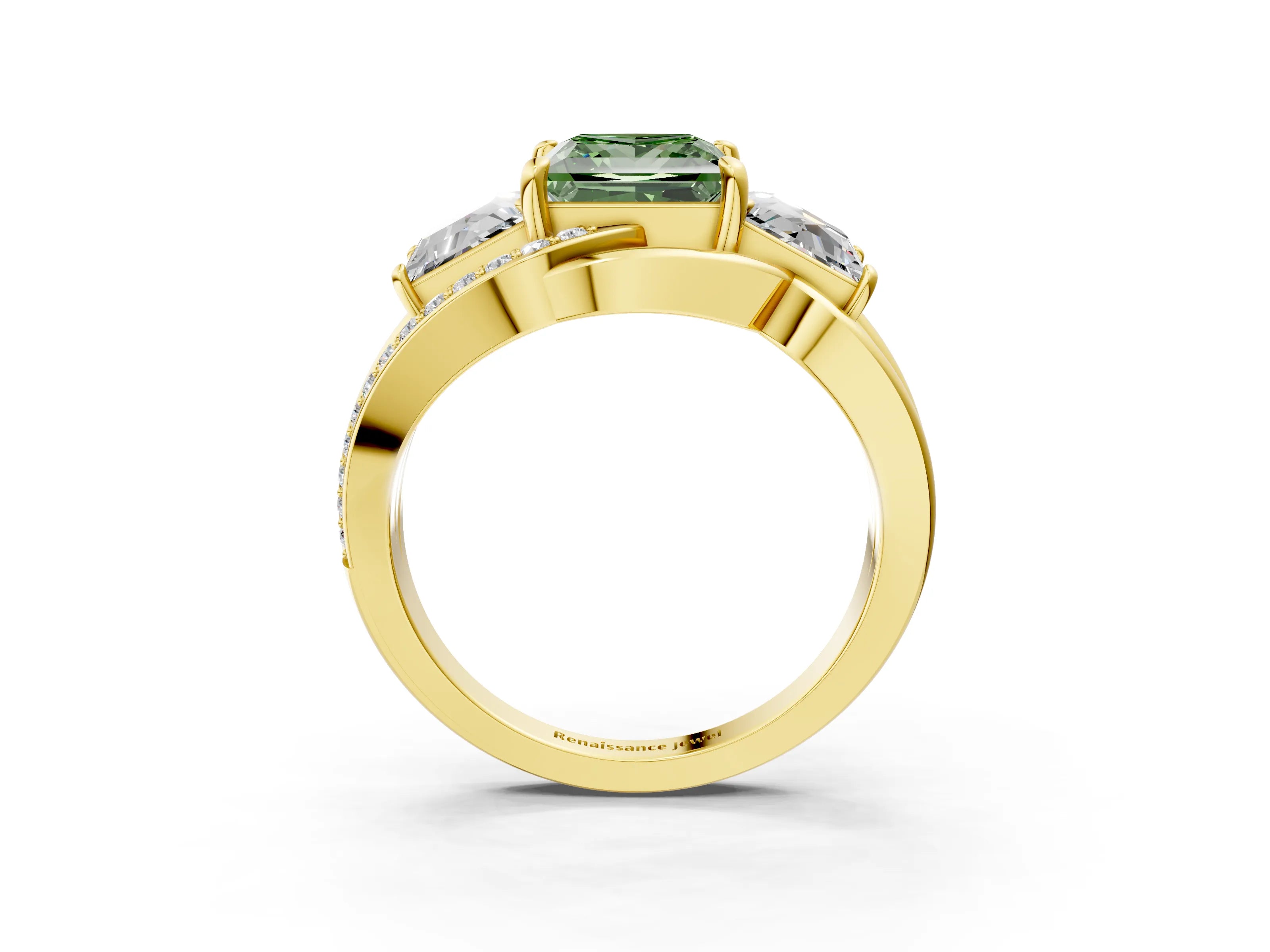 Yellow gold Three-Stone Fancy Green Princess Cut Cut Diamond Split Shank Prong Set Ring_15