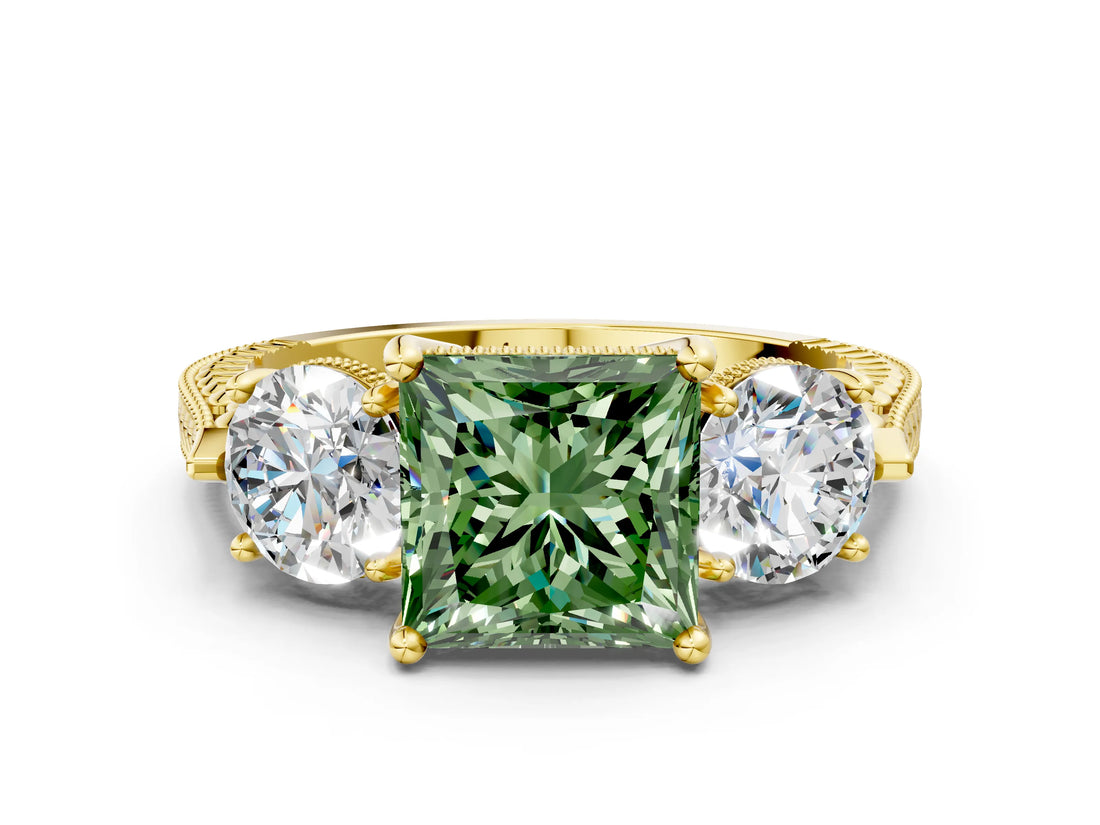 Yellow gold Three-Stone Fancy Green Princess Cut Cut Milgrain Band Prong Setting Ring_18