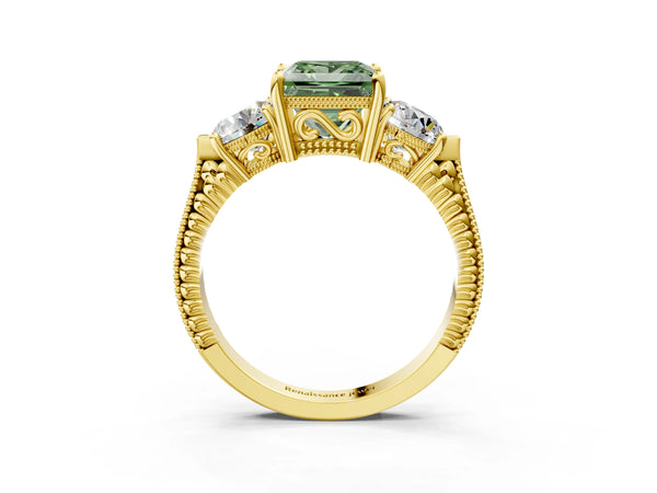 Yellow Gold Princess Cut Vintage Three Stone Engagement Ring Setting for Fancy Green Center