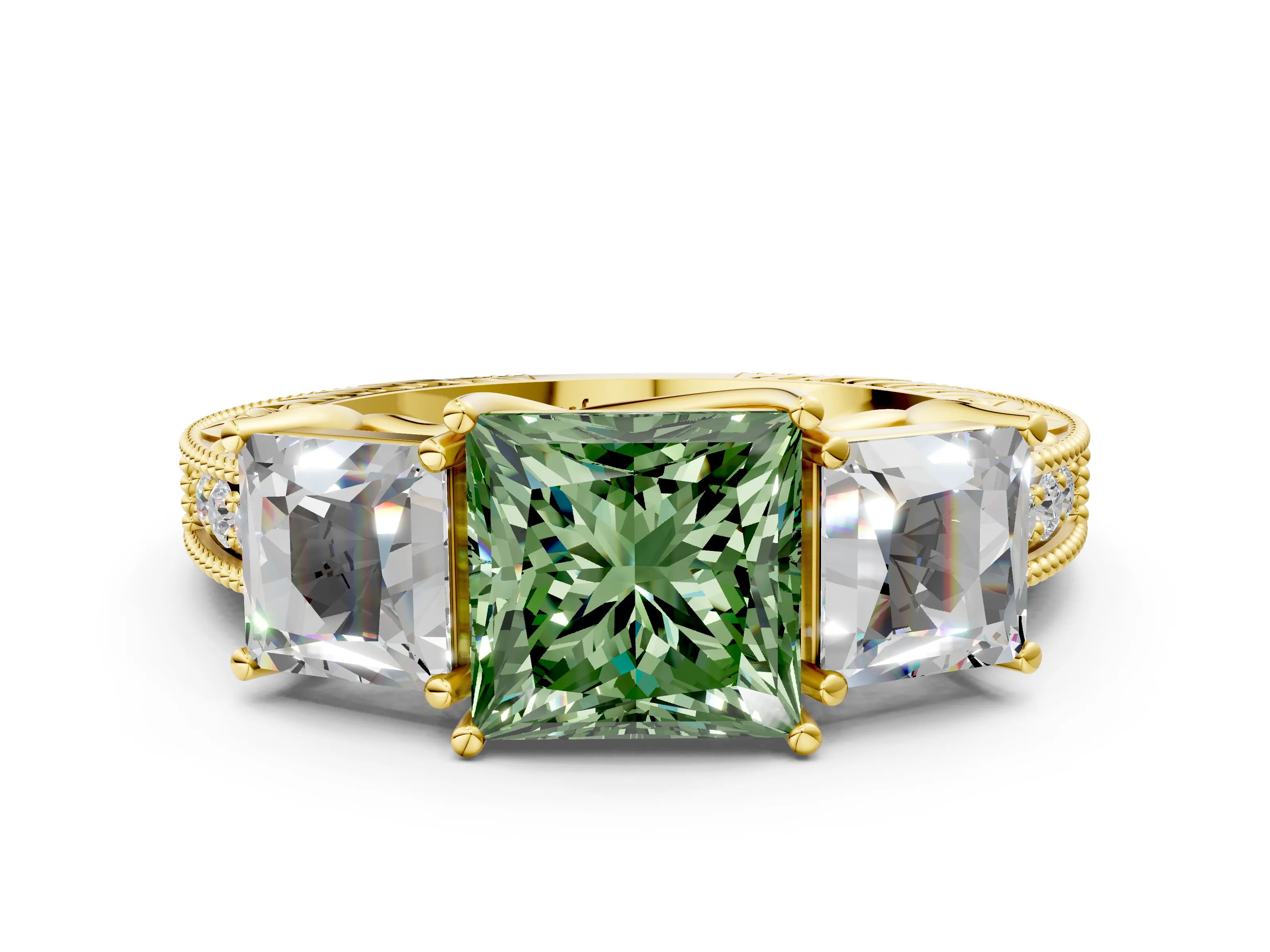 Yellow gold Three-Stone Fancy Green Princess Cut Cut Milgrain Pavé Engagement Ring