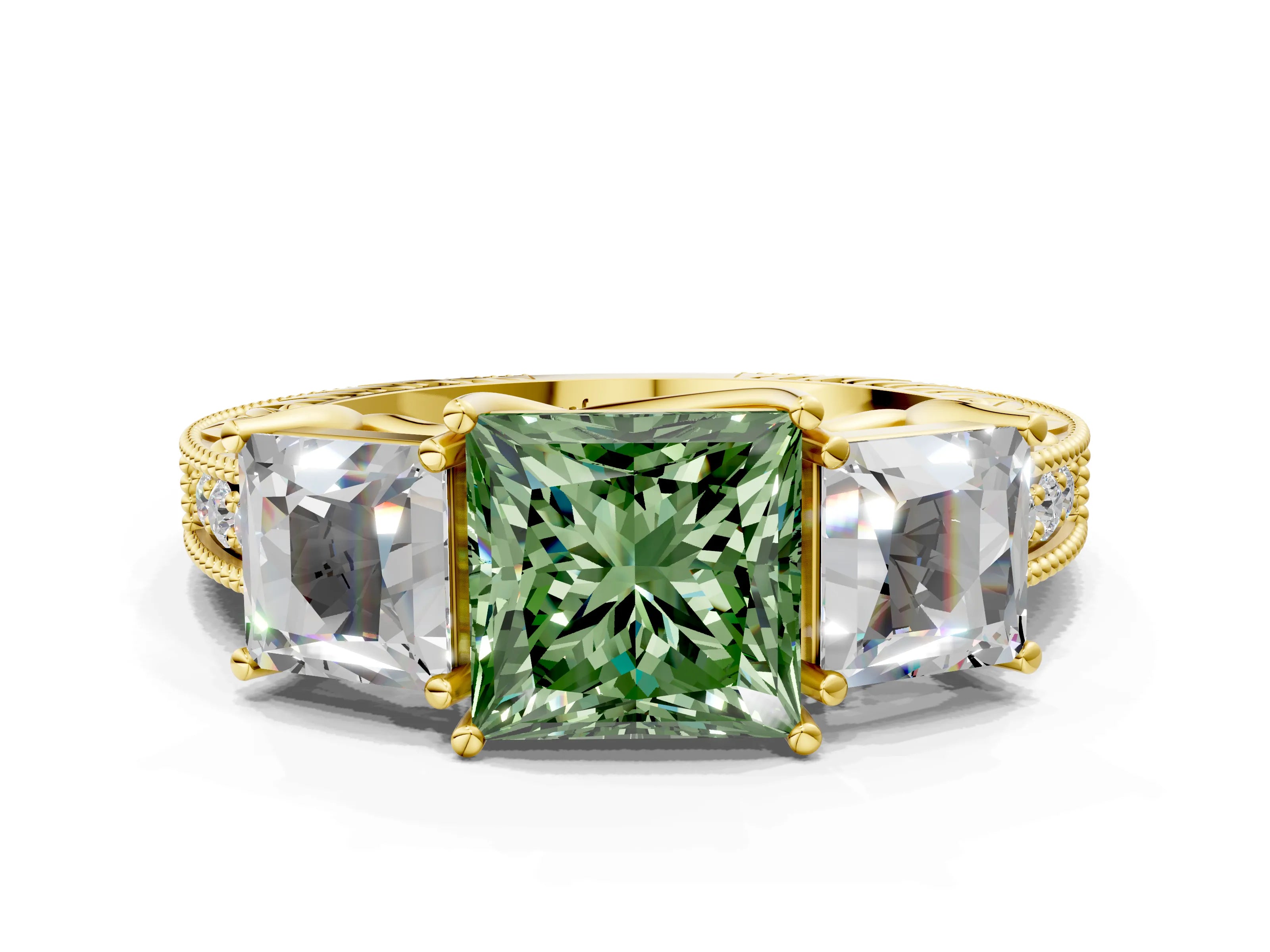 Yellow gold Three-Stone Fancy Green Princess Cut Cut Milgrain Pavé Engagement Ring_12
